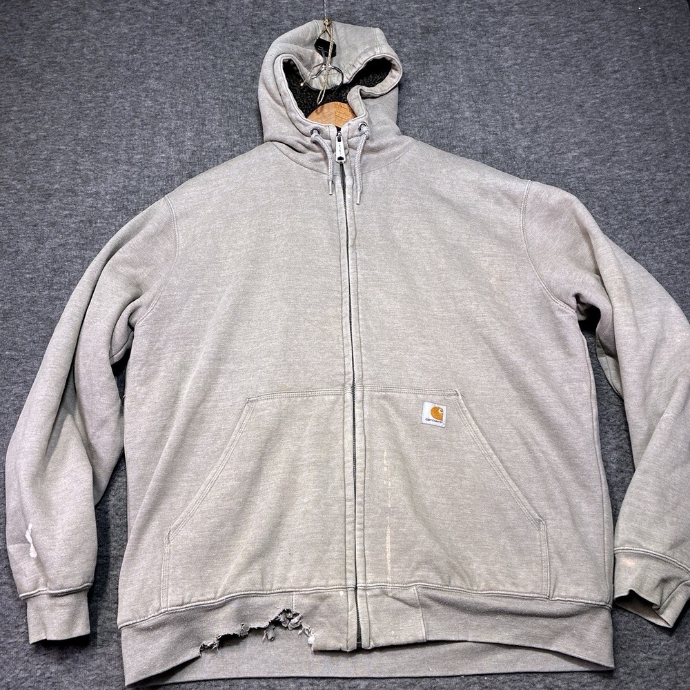 Vintage Carhartt Hoodie Jacket Sherpa Lined Men Large Gray Distressed Grunge
